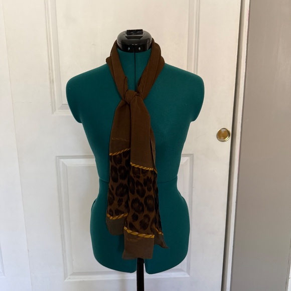 Vintage Anne Klein 100% Silk Leopard Print Rectangular Scarf 15x57 Brown Gold - Picture 3 of 7